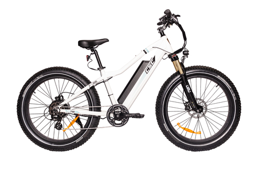 White XP750 26 inch Fat Tire electric bicycle with 750 watt hub motor and partially integrated removable battery right side view.