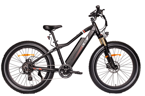 Black XP750 26 inch Fat Tire electric bicycle with 750 watt hub motor and partially integrated removable battery right side view.